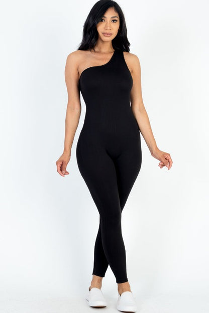 Solid Color One Shoulder Jumpsuit - Capella Apparel