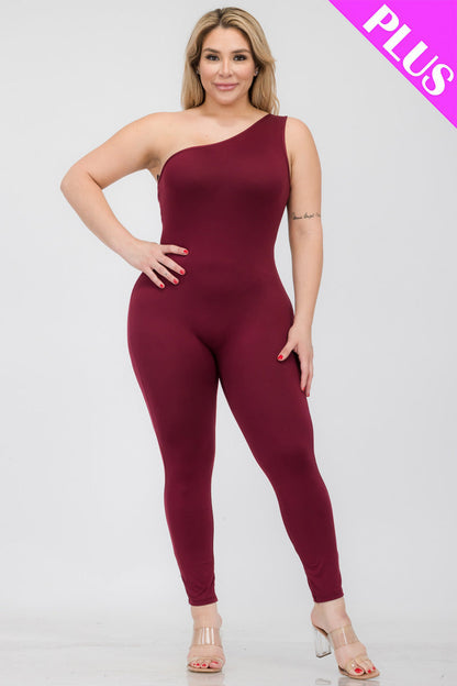 Plus Size Solid Color One Shoulder Jumpsuit (CAPELLA) - Capella Apparel