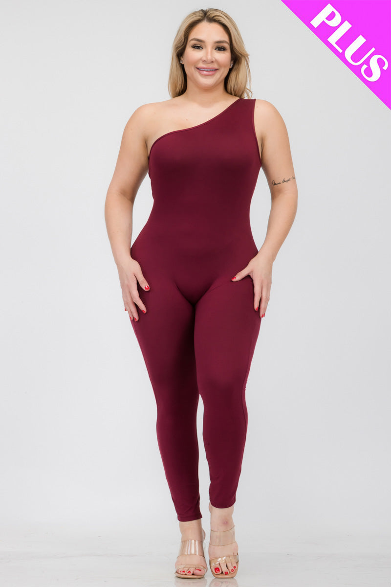 Plus Size Solid Color One Shoulder Jumpsuit - Capella Apparel