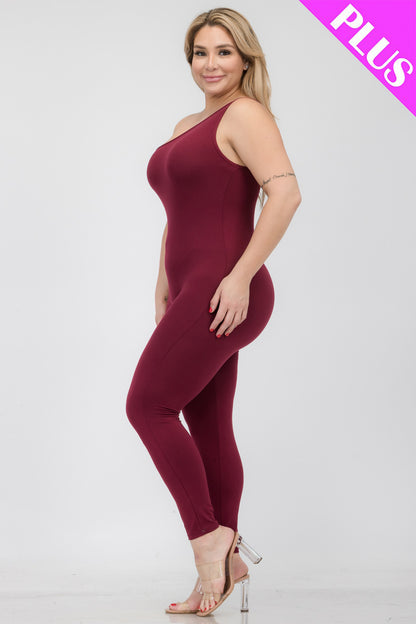 Plus Size Solid Color One Shoulder Jumpsuit - Capella Apparel