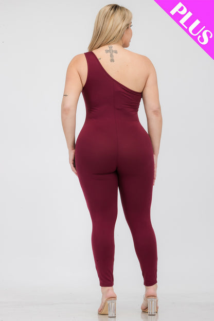 Plus Size Solid Color One Shoulder Jumpsuit - Capella Apparel