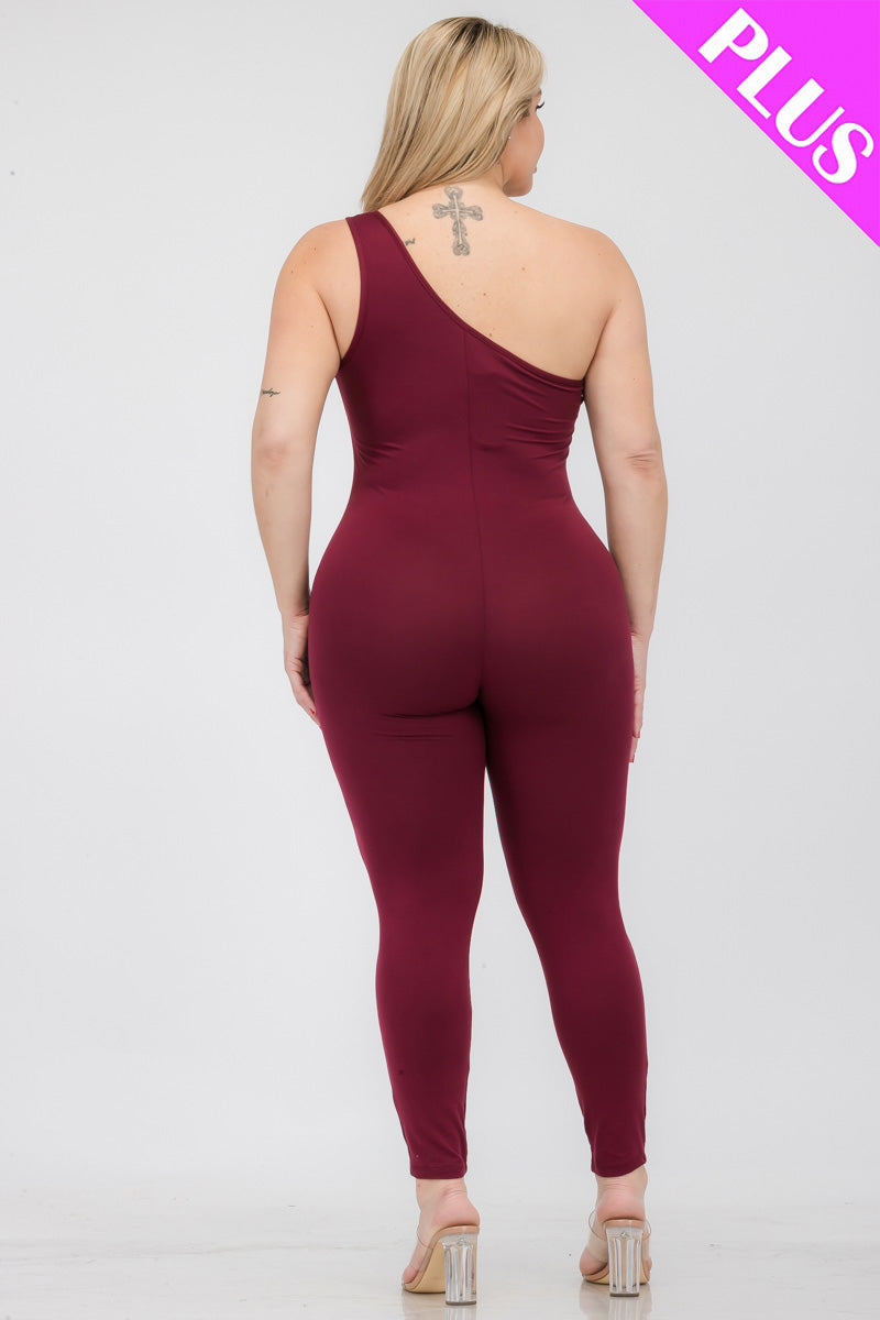 Plus Size Solid Color One Shoulder Jumpsuit (CAPELLA) - Capella Apparel