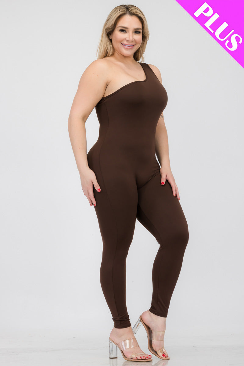 Plus Size Solid Color One Shoulder Jumpsuit - Capella Apparel