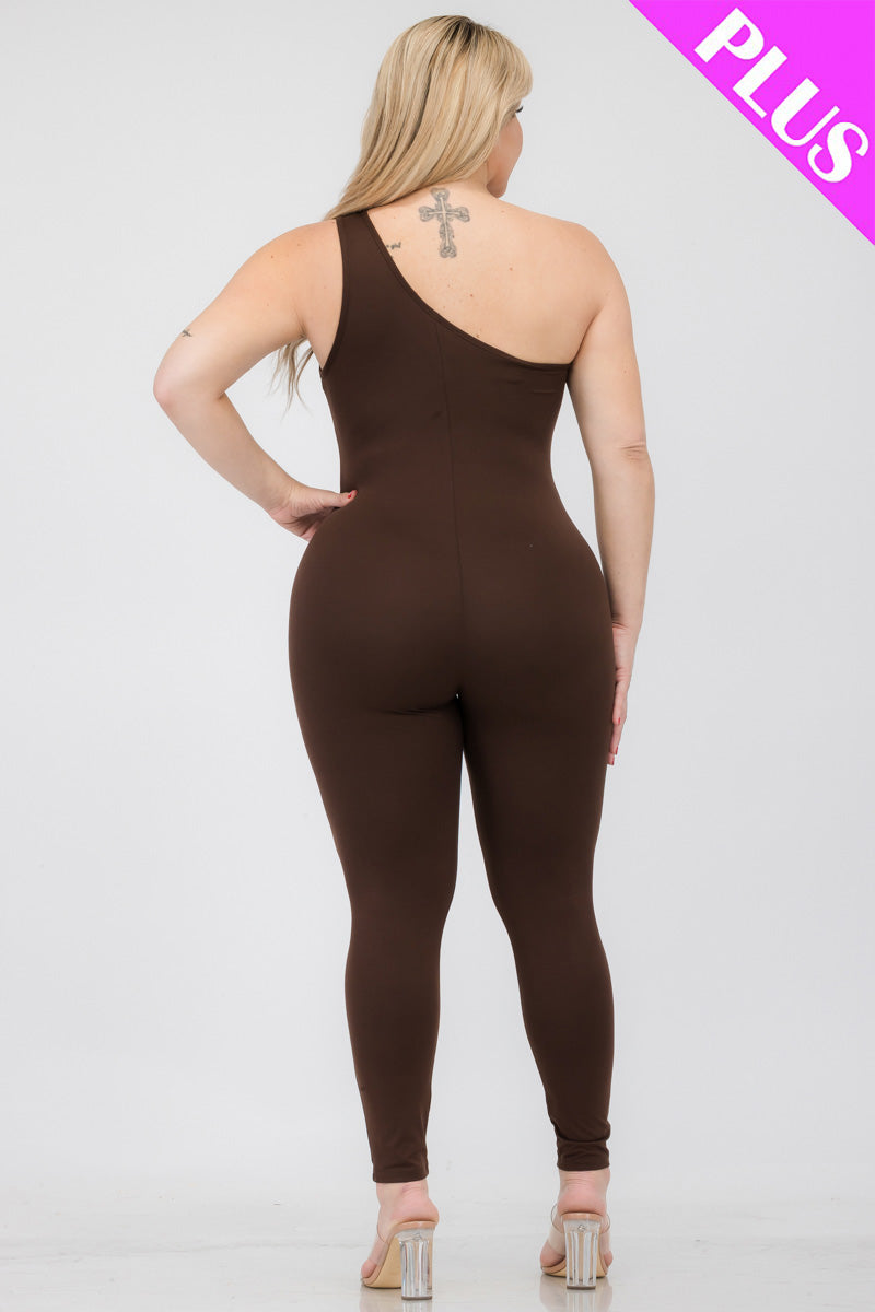 Plus Size Solid Color One Shoulder Jumpsuit - Capella Apparel