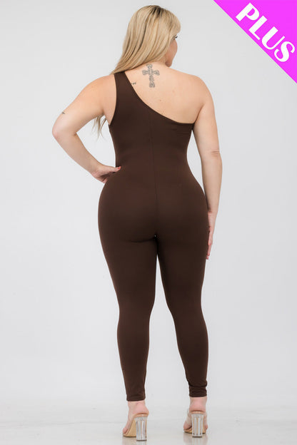 Plus Size Solid Color One Shoulder Jumpsuit (CAPELLA) - Capella Apparel