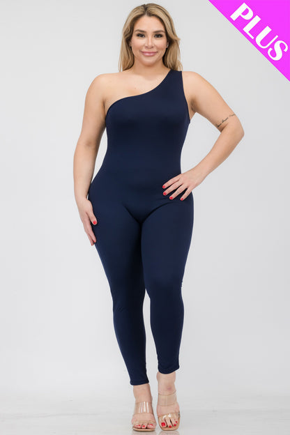 Plus Size Solid Color One Shoulder Jumpsuit - Capella Apparel