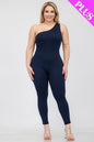 Plus Size Solid Color One Shoulder Jumpsuit (CAPELLA) - Capella Apparel