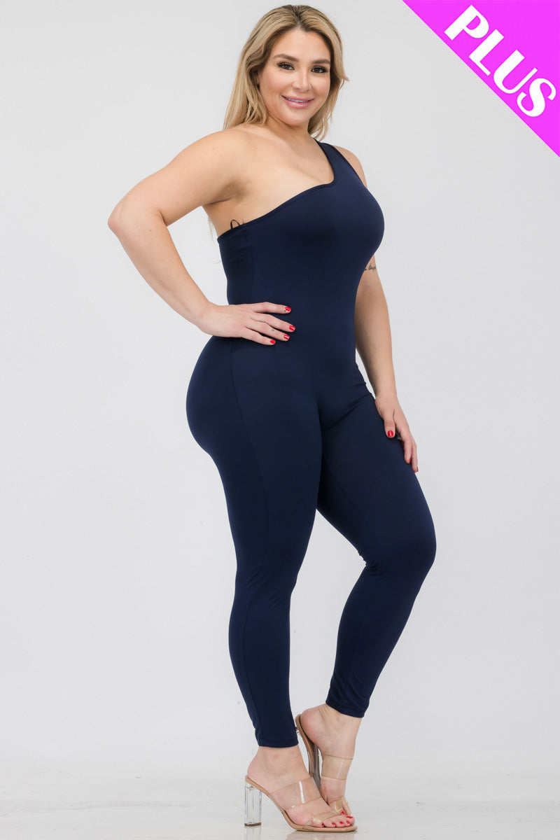 Plus Size Solid Color One Shoulder Jumpsuit - Capella Apparel