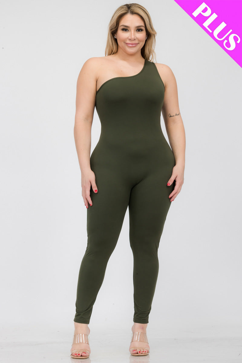 Plus Size Solid Color One Shoulder Jumpsuit - Capella Apparel