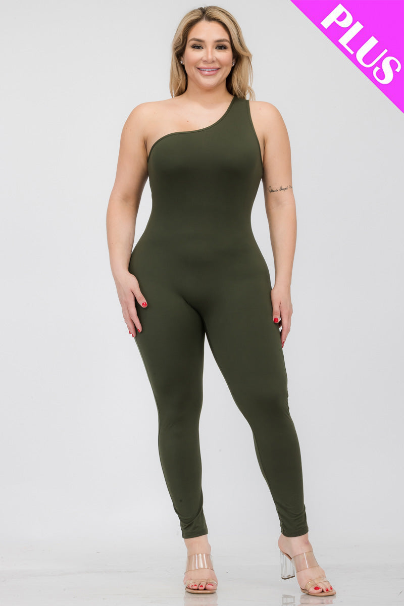 Plus Size Solid Color One Shoulder Jumpsuit - Capella Apparel