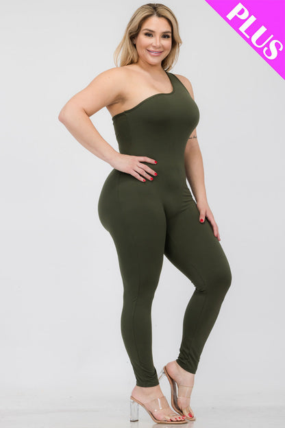 Plus Size Solid Color One Shoulder Jumpsuit (CAPELLA) - Capella Apparel