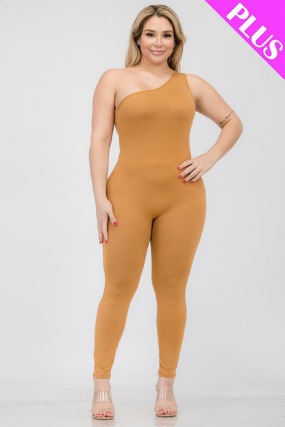 Plus Size Solid Color One Shoulder Jumpsuit (CAPELLA) - Capella Apparel