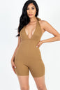 Casual Solid Halter V Neck Ribbed Bodycon Romper - Capella Apparel