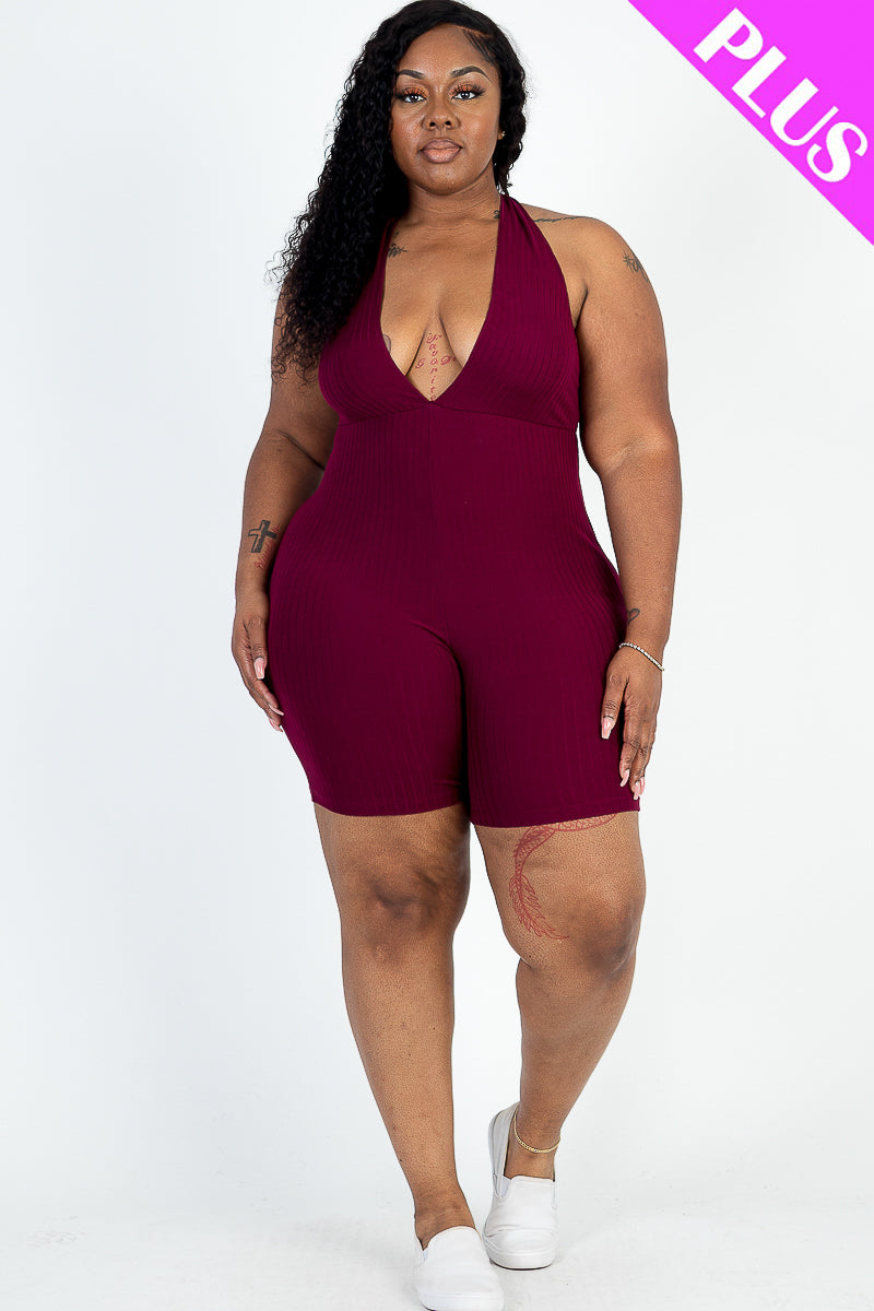 Plus Size Casual Solid Halter V Neck Ribbed Bodycon Romper - Capella Apparel