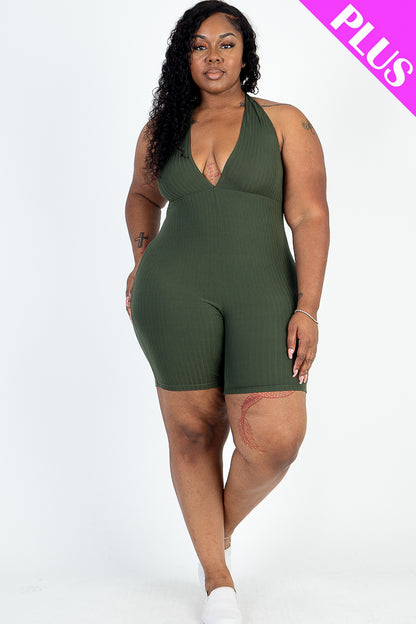 Plus Size Casual Solid Halter V Neck Ribbed Bodycon Romper - Capella Apparel