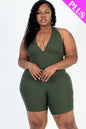 Plus Size Casual Solid Halter V Neck Ribbed Bodycon Romper - Capella Apparel