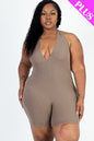 Plus Size Casual Solid Halter V Neck Ribbed Bodycon Romper - Capella Apparel