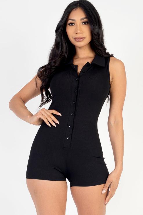 Ribbed Knit Sleeveless Button Front Romper (CAPELLA) - Capella Apparel