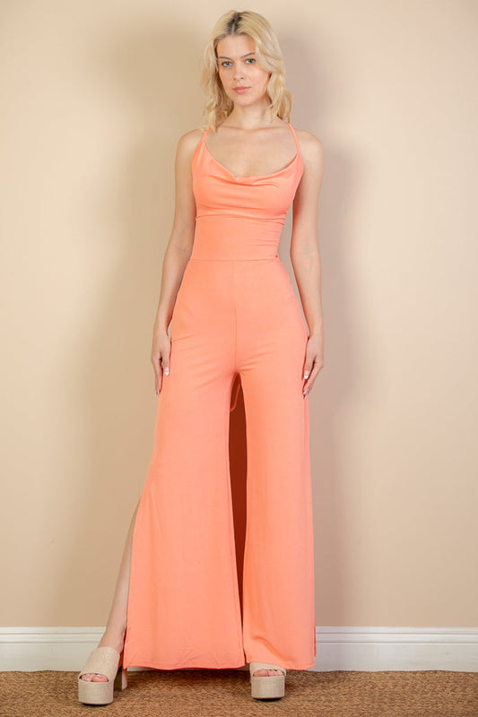 Ribbed Cowl Neck Backless Split Wide Leg Jumpsuit (CAPELLA) - Capella Apparel