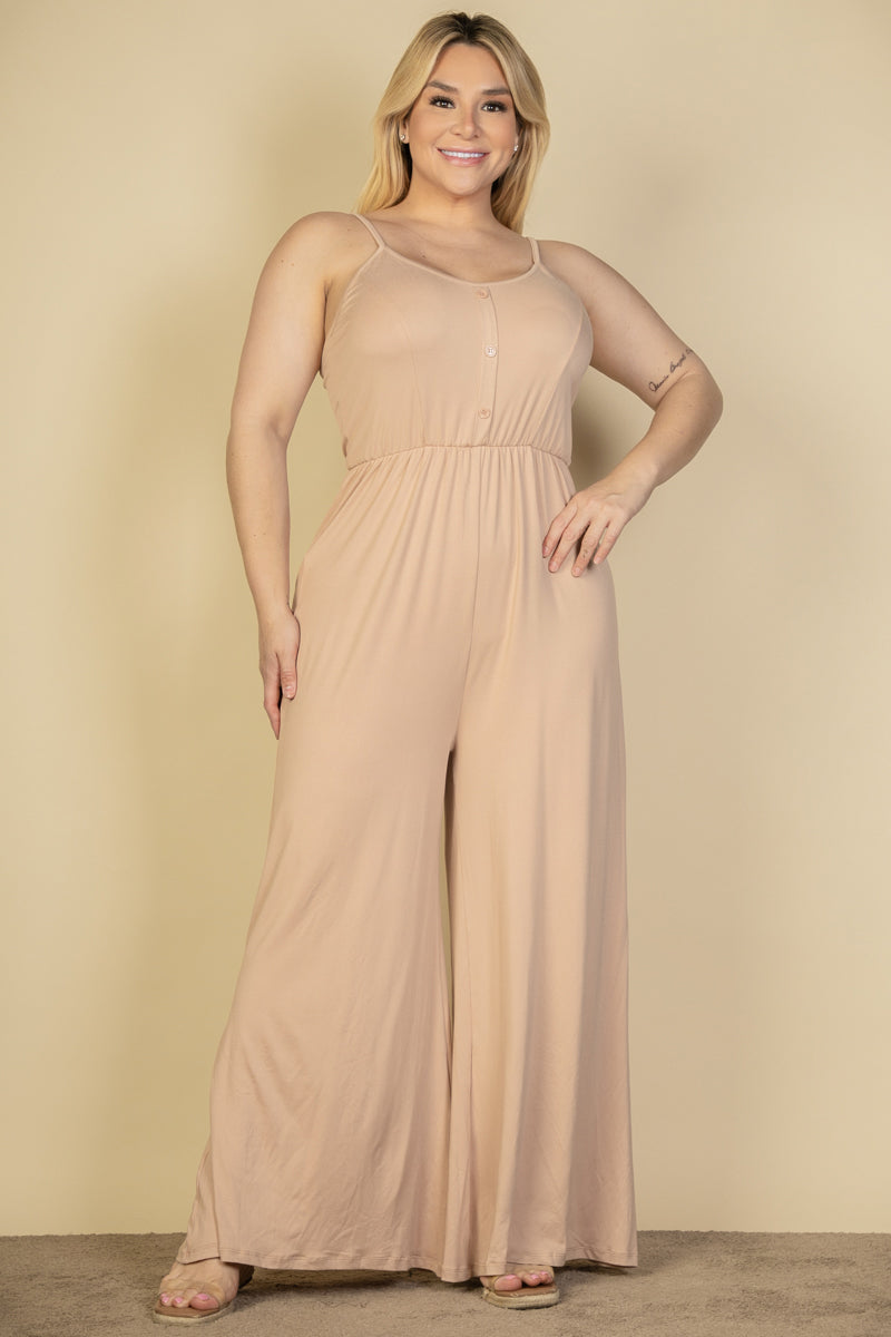 Plus Size Button Front Wide Leg Jumpsuit (CAPELLA) - Capella Apparel