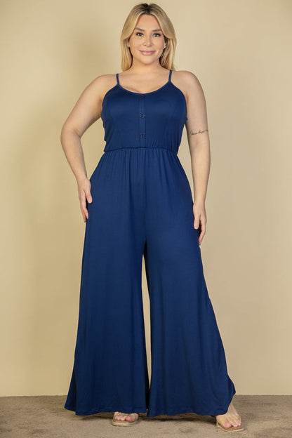 Plus Size Button Front Wide Leg Jumpsuit (CAPELLA) - Capella Apparel