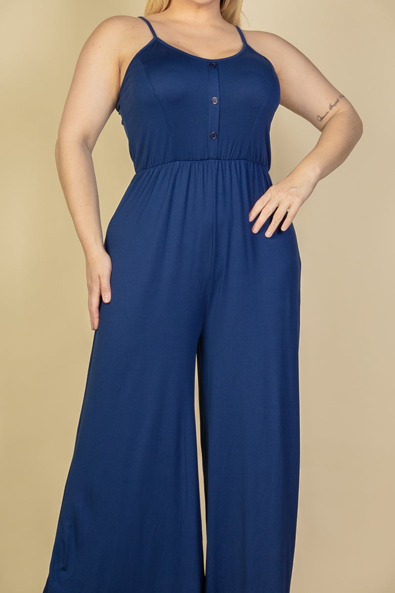 Plus Size Button Front Wide Leg Jumpsuit (CAPELLA) - Capella Apparel