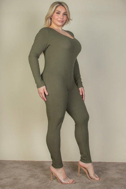 Plus Size Ribbed Scoop Neck Long Sleeve Jumpsuit (CAPELLA) - Capella Apparel