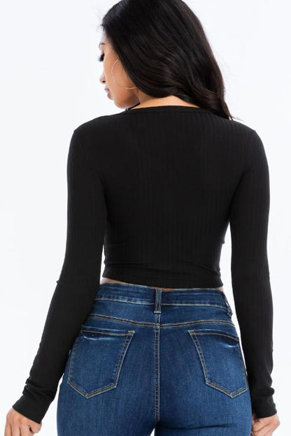 Ribbed Long Sleeve Snap Button Down Crop Top - Wholesale Capella Apparel