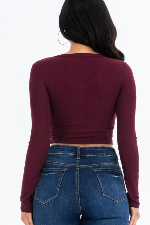 Ribbed Long Sleeve Snap Button Down Crop Top - Wholesale Capella Apparel