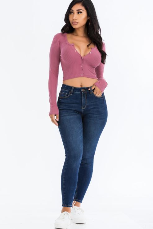 Ribbed Long Sleeve Snap Button Down Crop Top - Wholesale Capella Apparel