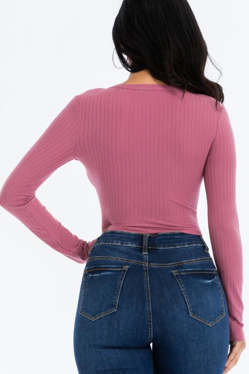 Ribbed Long Sleeve Snap Button Down Crop Top - Wholesale Capella Apparel