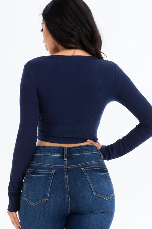 Ribbed Long Sleeve Snap Button Down Crop Top - Wholesale Capella Apparel