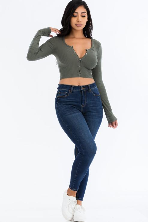 Ribbed Long Sleeve Snap Button Down Crop Top - Wholesale Capella Apparel