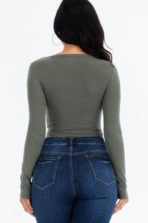 Ribbed Long Sleeve Snap Button Down Crop Top - Wholesale Capella Apparel