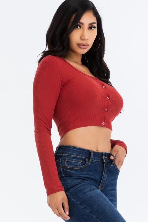 Ribbed Long Sleeve Snap Button Down Crop Top - Wholesale Capella Apparel