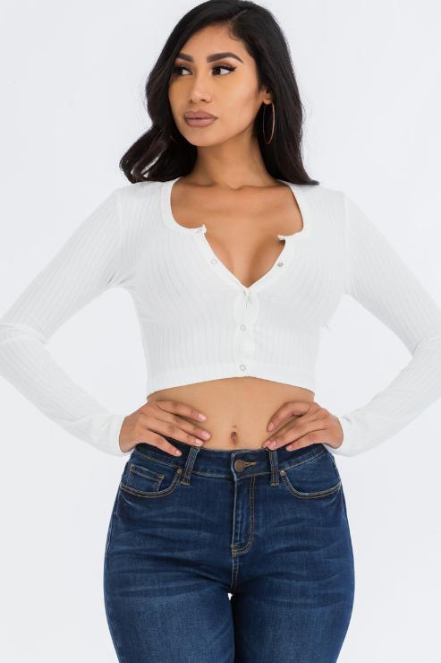 Ribbed Long Sleeve Snap Button Down Crop Top - Wholesale Capella Apparel