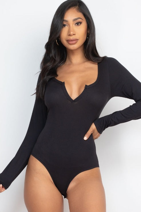 Split Neck Solid Long Sleeve Bodysuit Capella Apparel