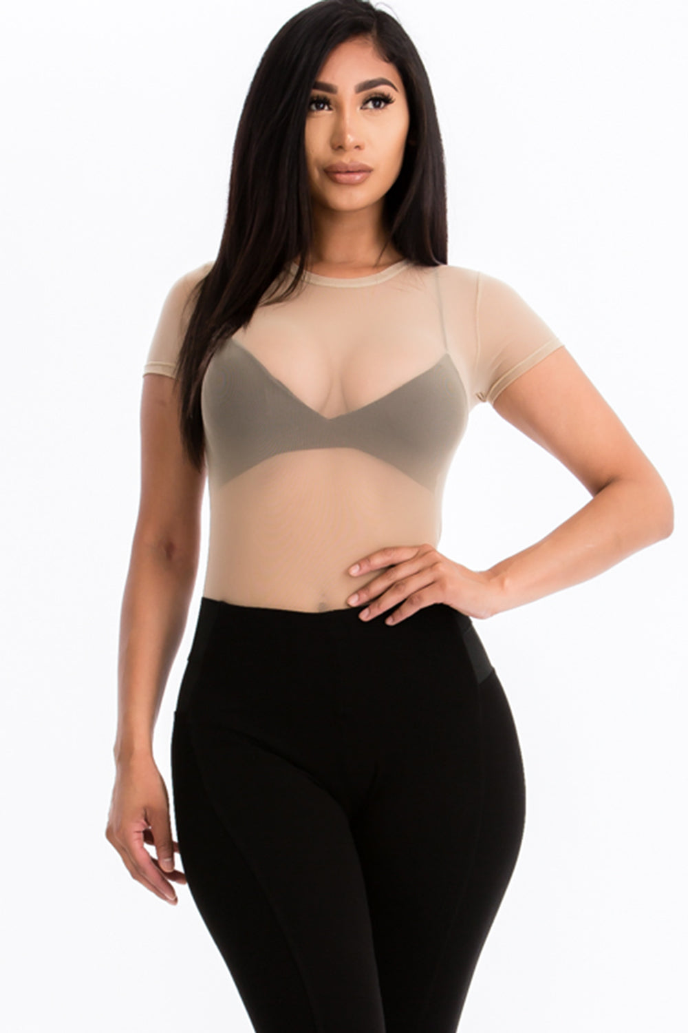 Mesh Sheer Solid Short Sleeve Bodysuit - Wholesale Capella Apparel