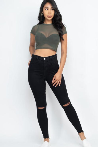 Sexy Mesh Sheer Short Sleeve Crop Top - Wholesale Capella Apparel