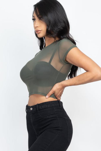 Sexy Mesh Sheer Short Sleeve Crop Top - Wholesale Capella Apparel