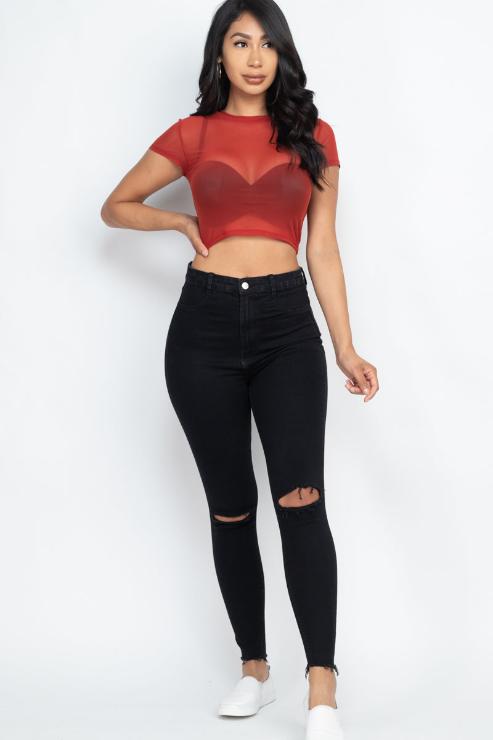 Sexy Mesh Sheer Short Sleeve Crop Top - Wholesale Capella Apparel