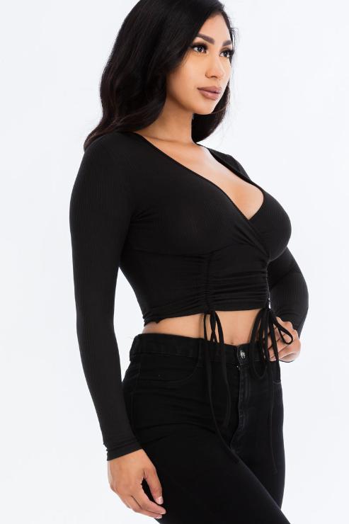 Ribbed Drawstring Long Sleeve Crop Top - Capella Apparel Wholesale