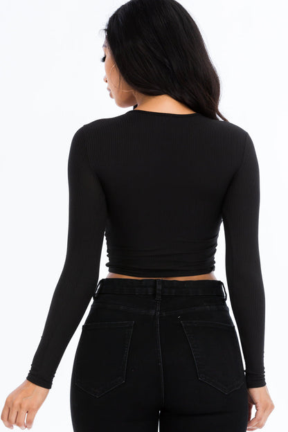 Ribbed Drawstring Long Sleeve Crop Top (CAPELLA) - Capella Apparel