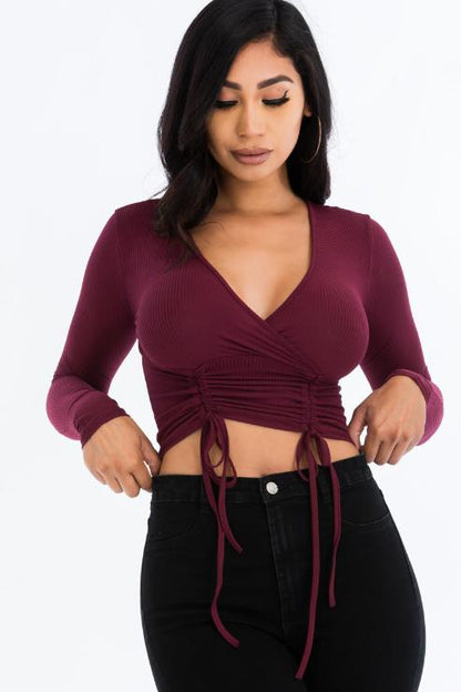 Ribbed Drawstring Long Sleeve Crop Top - Capella Apparel Wholesale