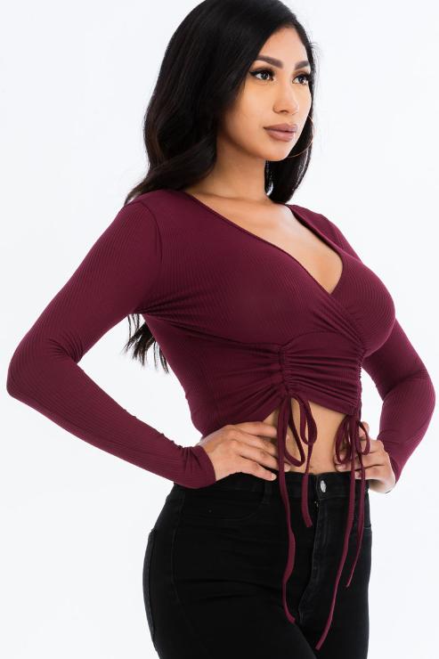 Ribbed Drawstring Long Sleeve Crop Top - Capella Apparel Wholesale