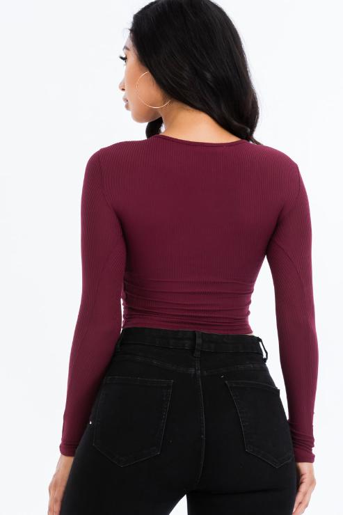 Ribbed Drawstring Long Sleeve Crop Top - Capella Apparel Wholesale