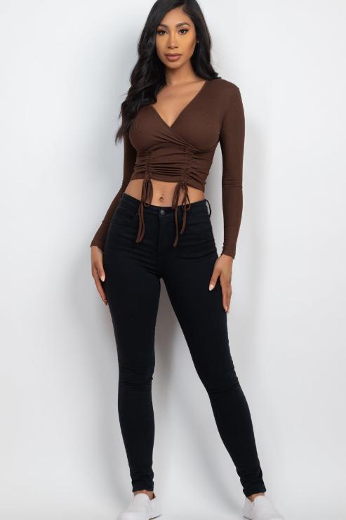 Ribbed Drawstring Long Sleeve Crop Top - Capella Apparel Wholesale