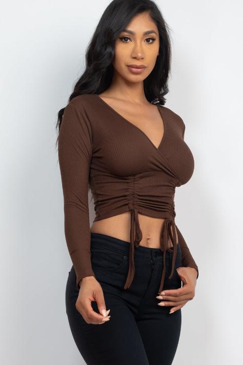 Ribbed Drawstring Long Sleeve Crop Top - Capella Apparel Wholesale