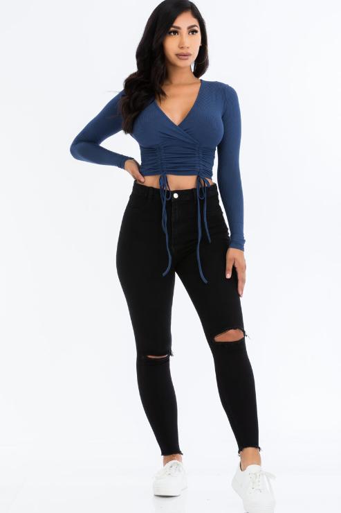 Ribbed Drawstring Long Sleeve Crop Top - Capella Apparel Wholesale