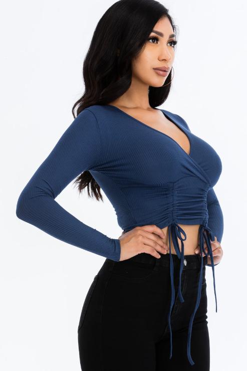 Ribbed Drawstring Long Sleeve Crop Top - Capella Apparel Wholesale